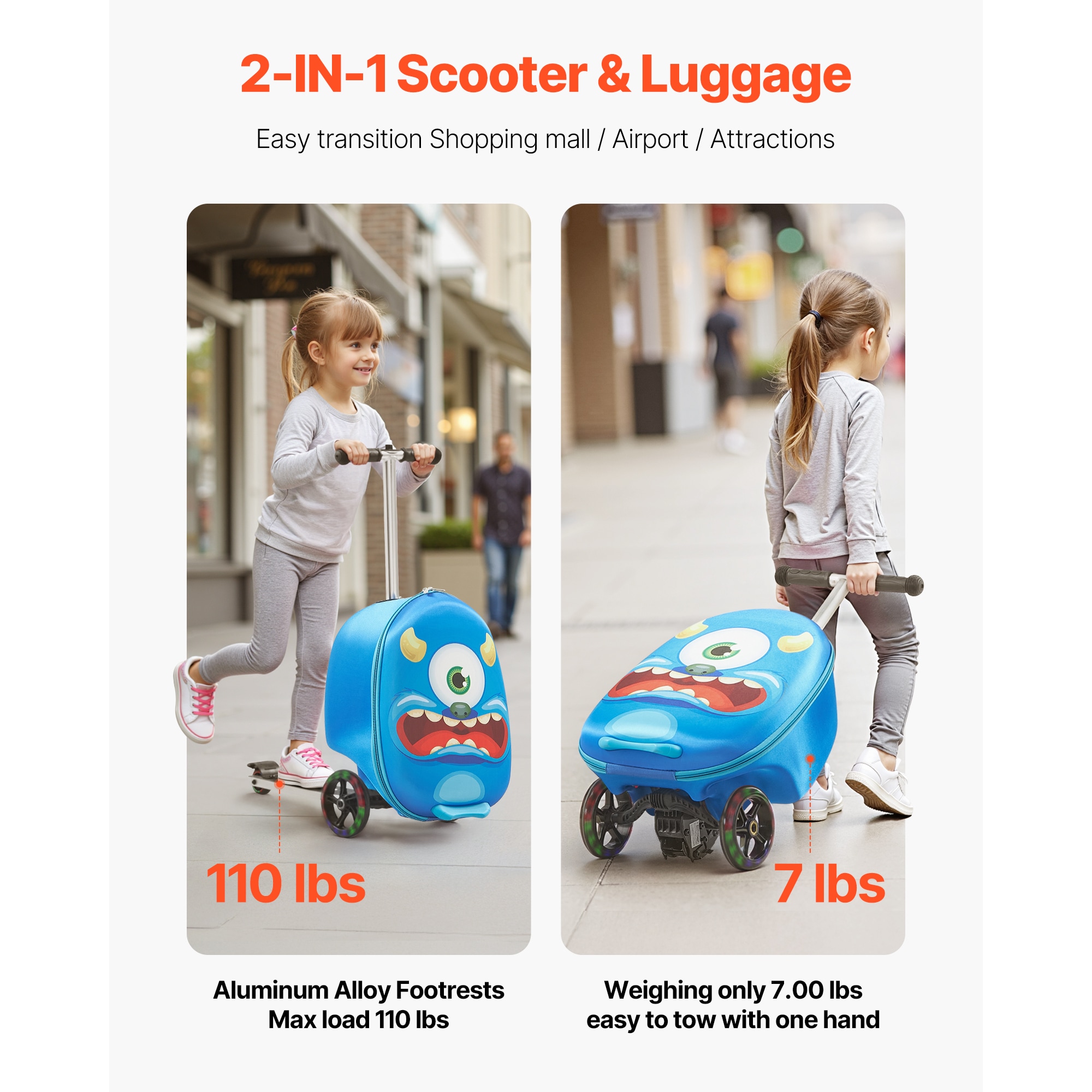 Kids Scooter Suitcase Ride-on Luggage With Flashing Wheels Blue_voghion.com